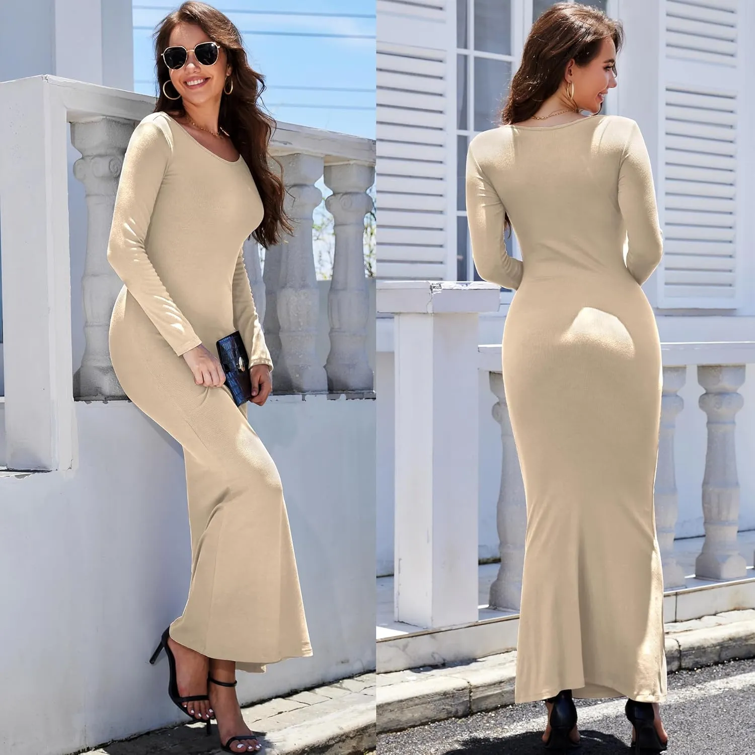 Women's Formal Dresses Casual Scoop Neck Ribbed Long Sleeve Elegant Bodycon Long Maxi Dresses for Spring 2025