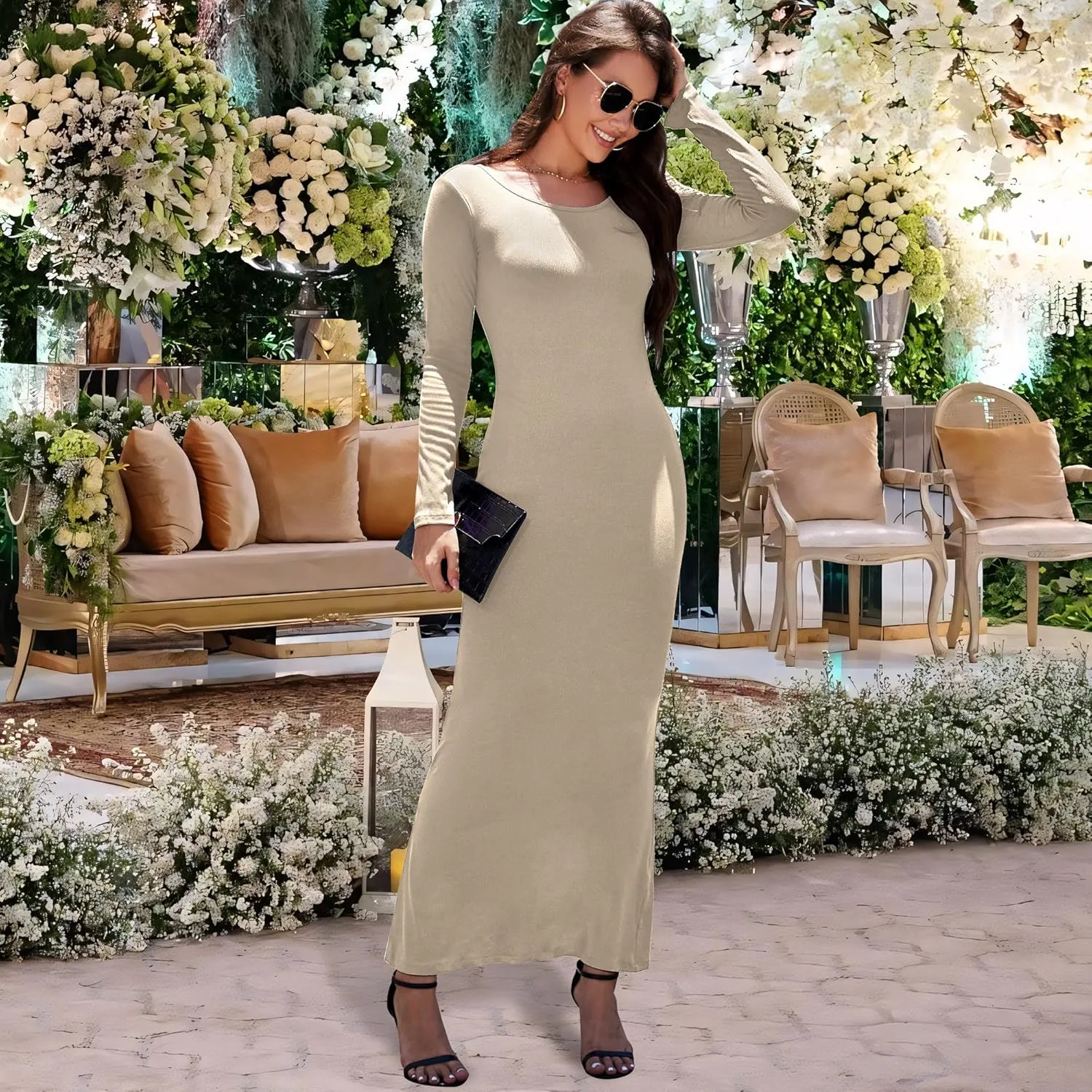 Women's Formal Dresses Casual Scoop Neck Ribbed Long Sleeve Elegant Bodycon Long Maxi Dresses for Spring 2025