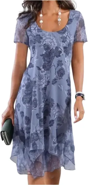 Women's Fresh Round Neck Short Sleeve Mini Dress Elegant Floral Print Lace Term A Line Flowy Smocked Mini Dress