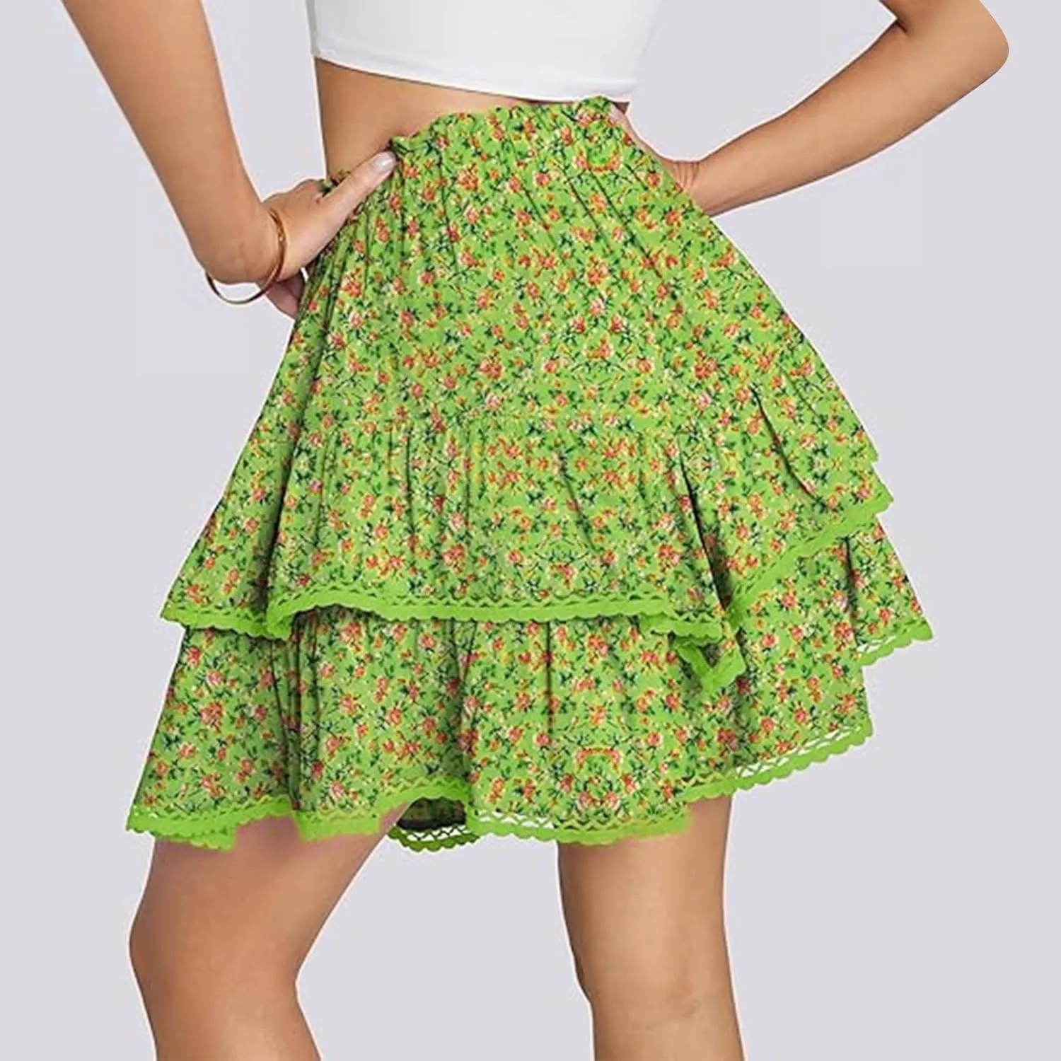 Women's High Waist Ruffle Flowy Mini Skirts Stretchy High Waist Boho Floral Layered Pleated Casual Beach Short Skirt