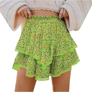 Women's High Waist Ruffle Flowy Mini Skirts Stretchy High Waist Boho Floral Layered Pleated Casual Beach Short Skirt