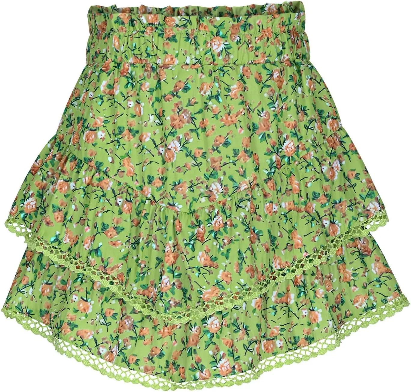 Women's High Waist Ruffle Flowy Mini Skirts Stretchy High Waist Boho Floral Layered Pleated Casual Beach Short Skirt