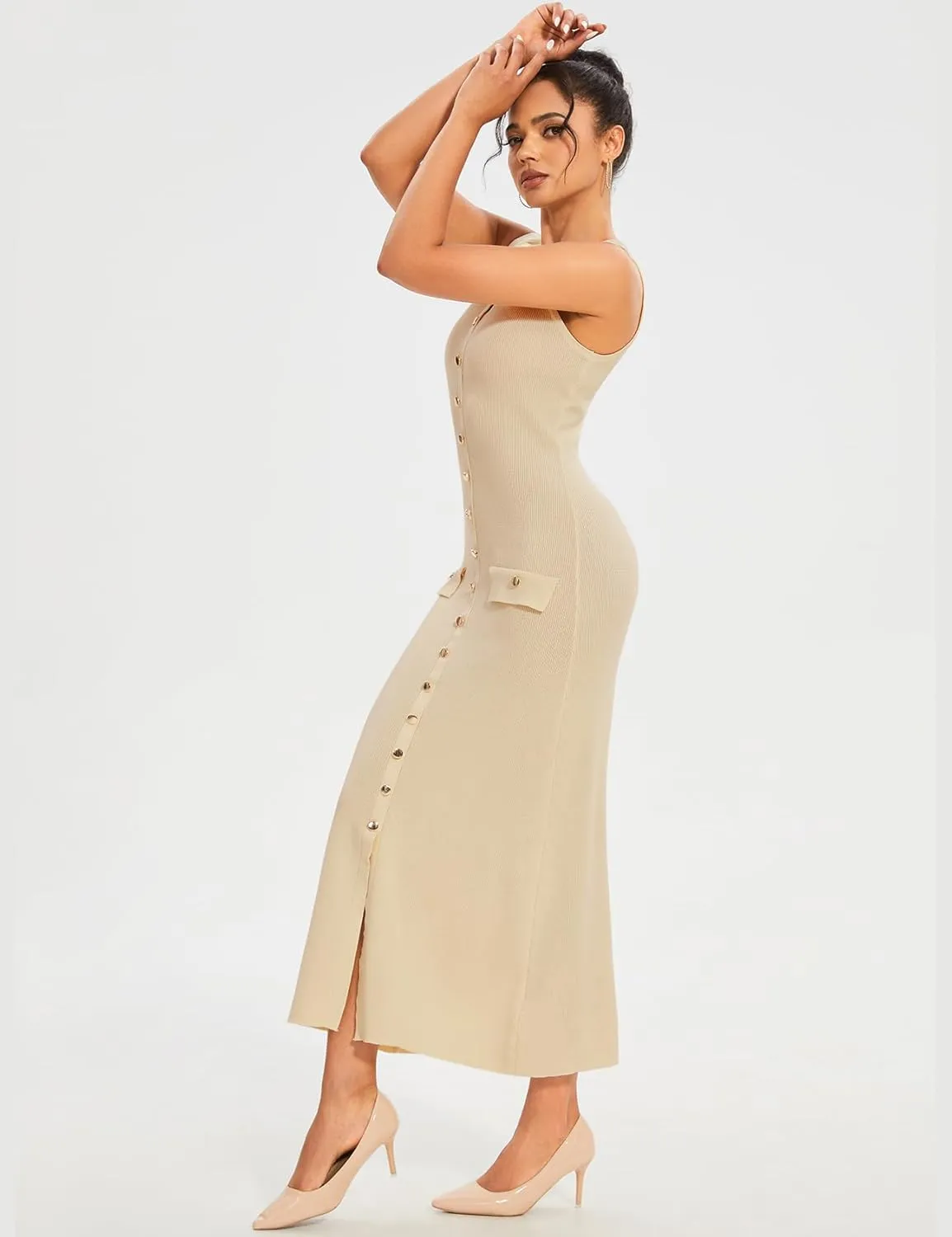 Womens Knit Maxi Dress Sleeveless Bodycon Ribbed Long Tank Dresses Elegant Button Down Workwear Dress