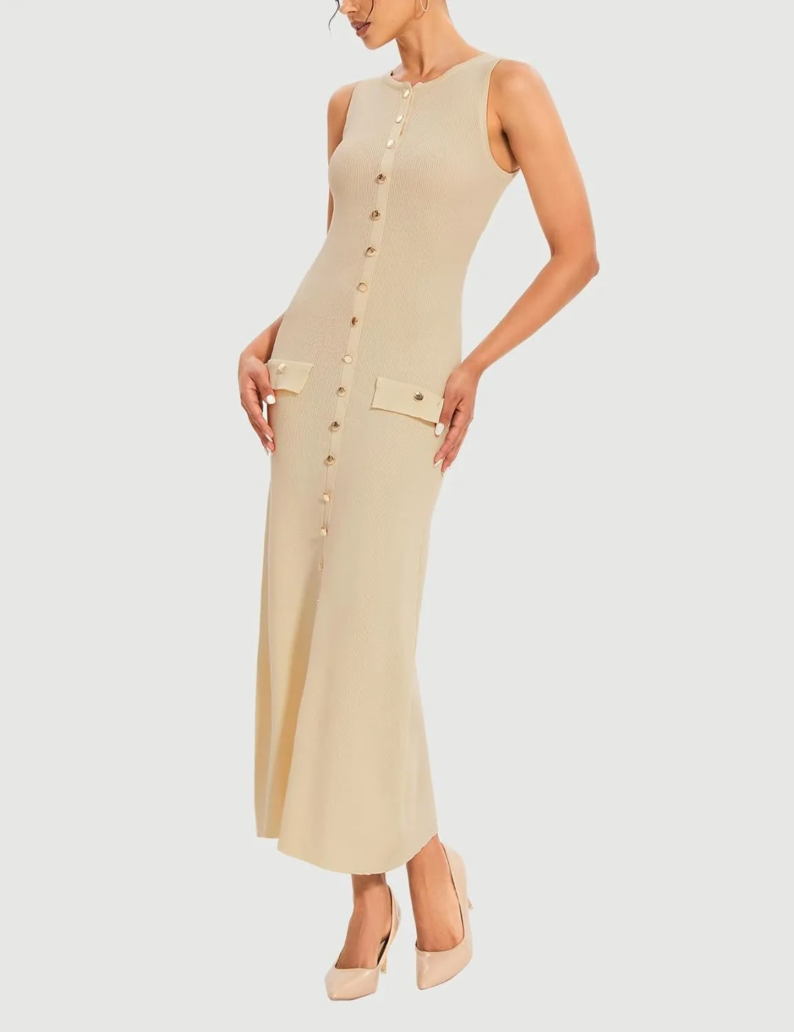 Womens Knit Maxi Dress Sleeveless Bodycon Ribbed Long Tank Dresses Elegant Button Down Workwear Dress