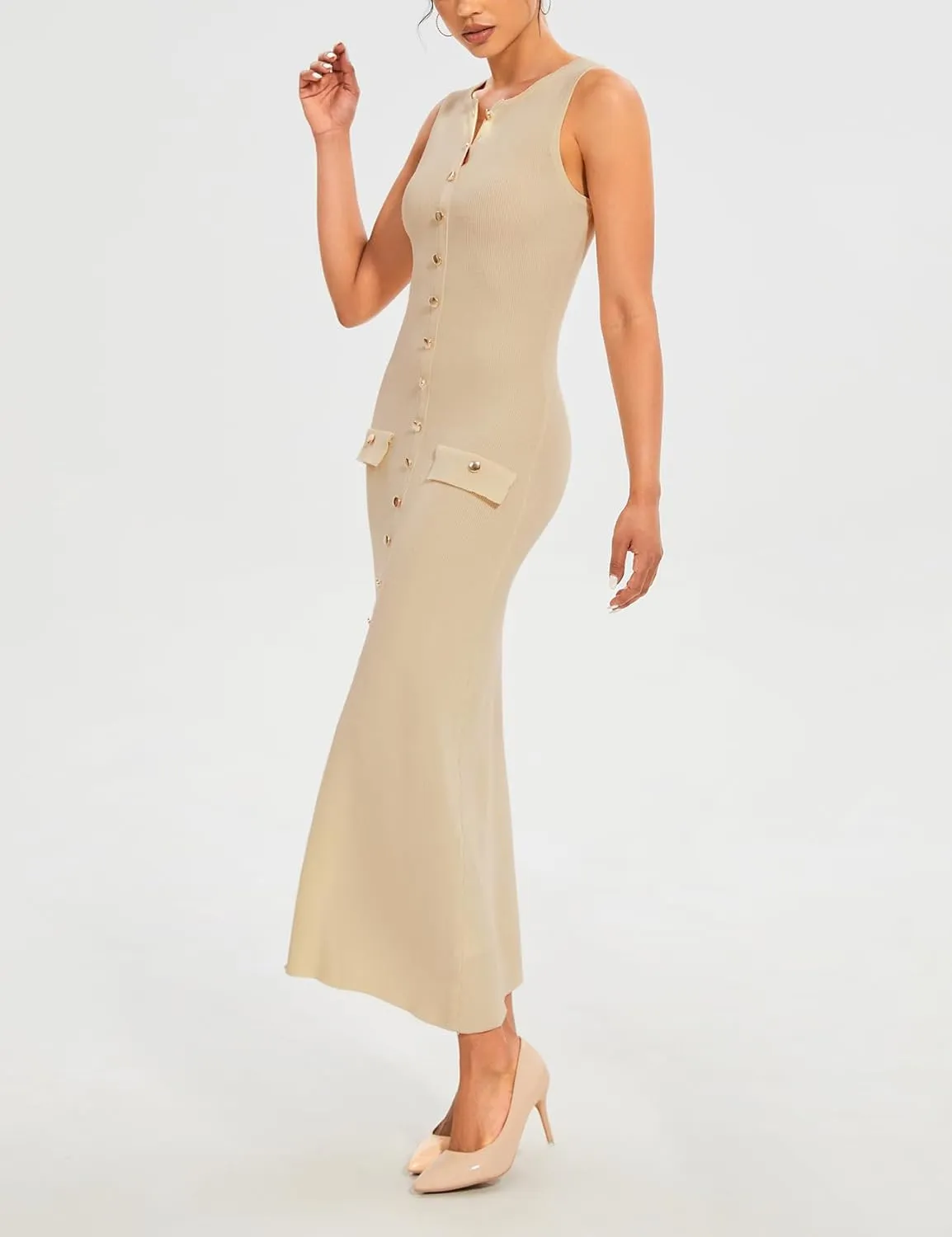 Womens Knit Maxi Dress Sleeveless Bodycon Ribbed Long Tank Dresses Elegant Button Down Workwear Dress