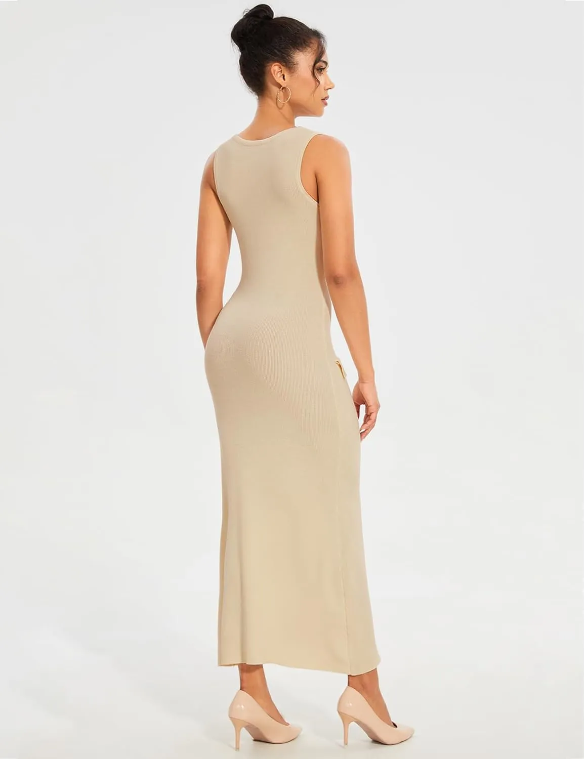 Womens Knit Maxi Dress Sleeveless Bodycon Ribbed Long Tank Dresses Elegant Button Down Workwear Dress