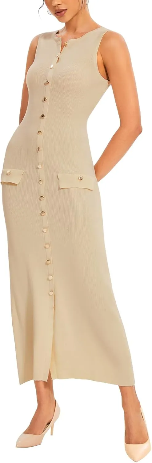 Womens Knit Maxi Dress Sleeveless Bodycon Ribbed Long Tank Dresses Elegant Button Down Workwear Dress