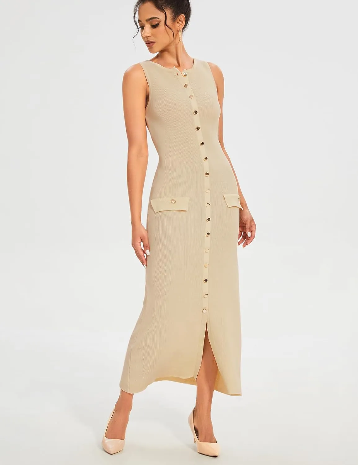 Womens Knit Maxi Dress Sleeveless Bodycon Ribbed Long Tank Dresses Elegant Button Down Workwear Dress