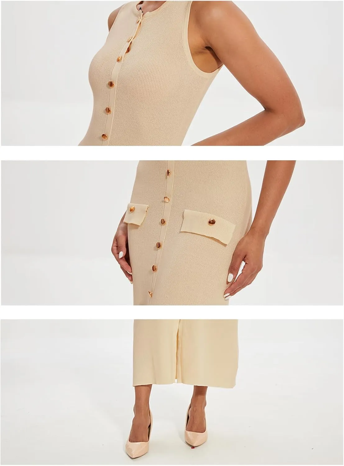 Womens Knit Maxi Dress Sleeveless Bodycon Ribbed Long Tank Dresses Elegant Button Down Workwear Dress