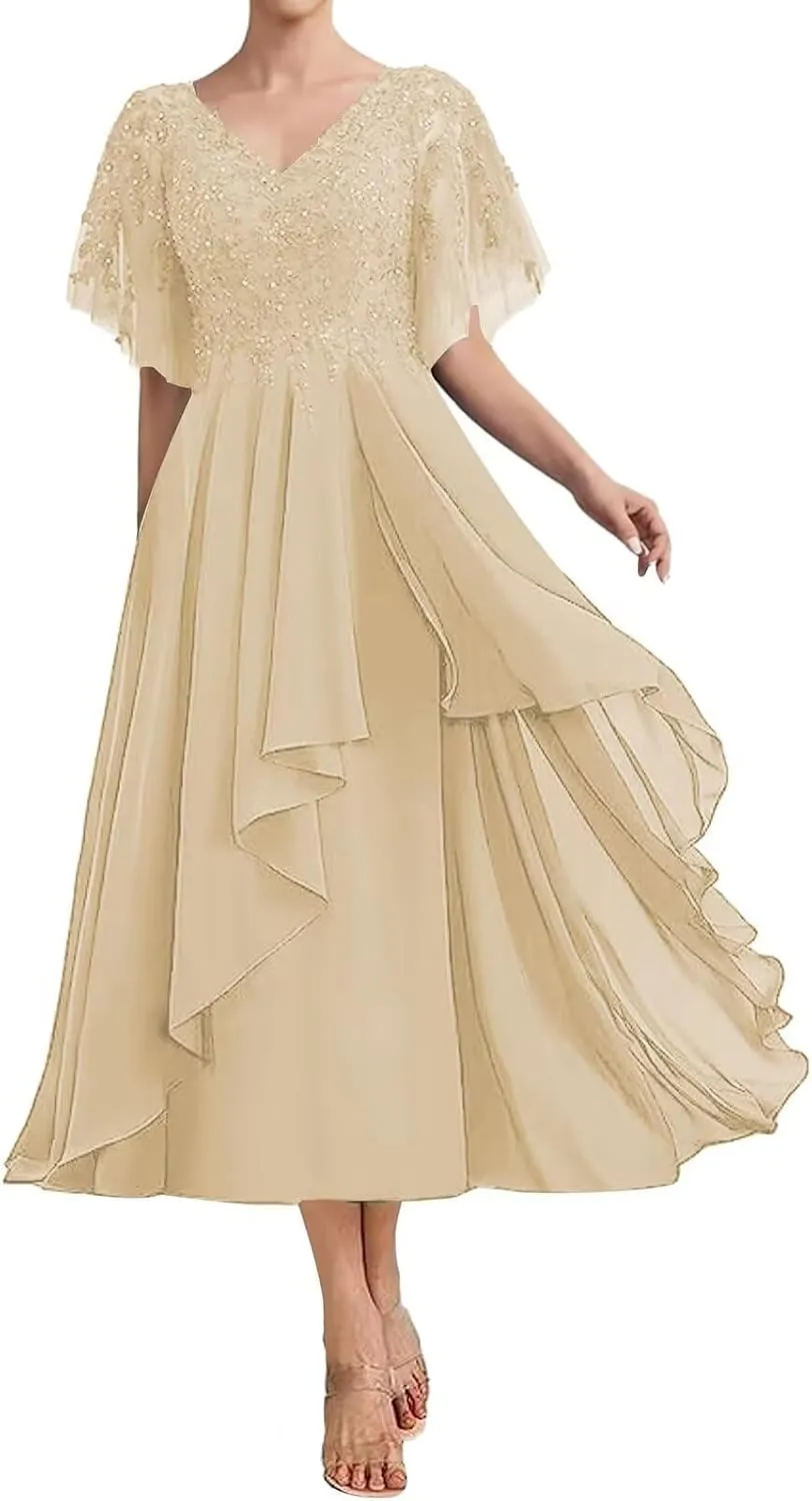 Women's Lace Tea Length Mother of Bride Elegant Dresses Beaded A Line Chiffon Wedding Guest Dress with Appliques