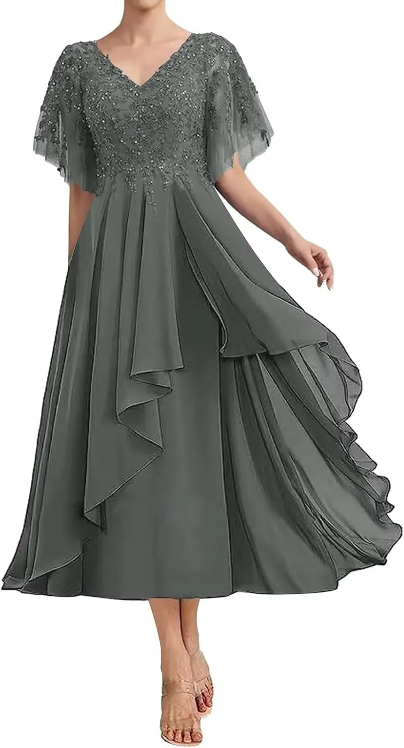 Women's Lace Tea Length Mother of Bride Elegant Dresses Beaded A Line Chiffon Wedding Guest Dress with Appliques