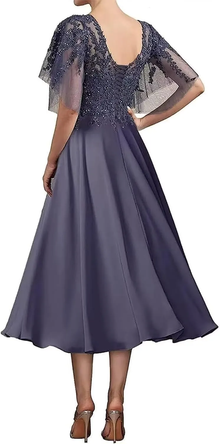Women's Lace Tea Length Mother of Bride Elegant Dresses Beaded A Line Chiffon Wedding Guest Dress with Appliques