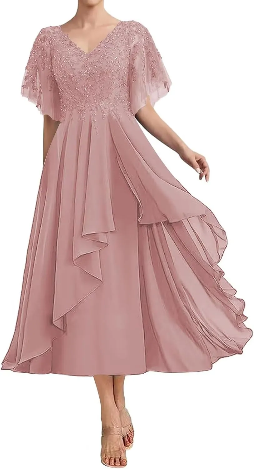 Women's Lace Tea Length Mother of Bride Elegant Dresses Beaded A Line Chiffon Wedding Guest Dress with Appliques