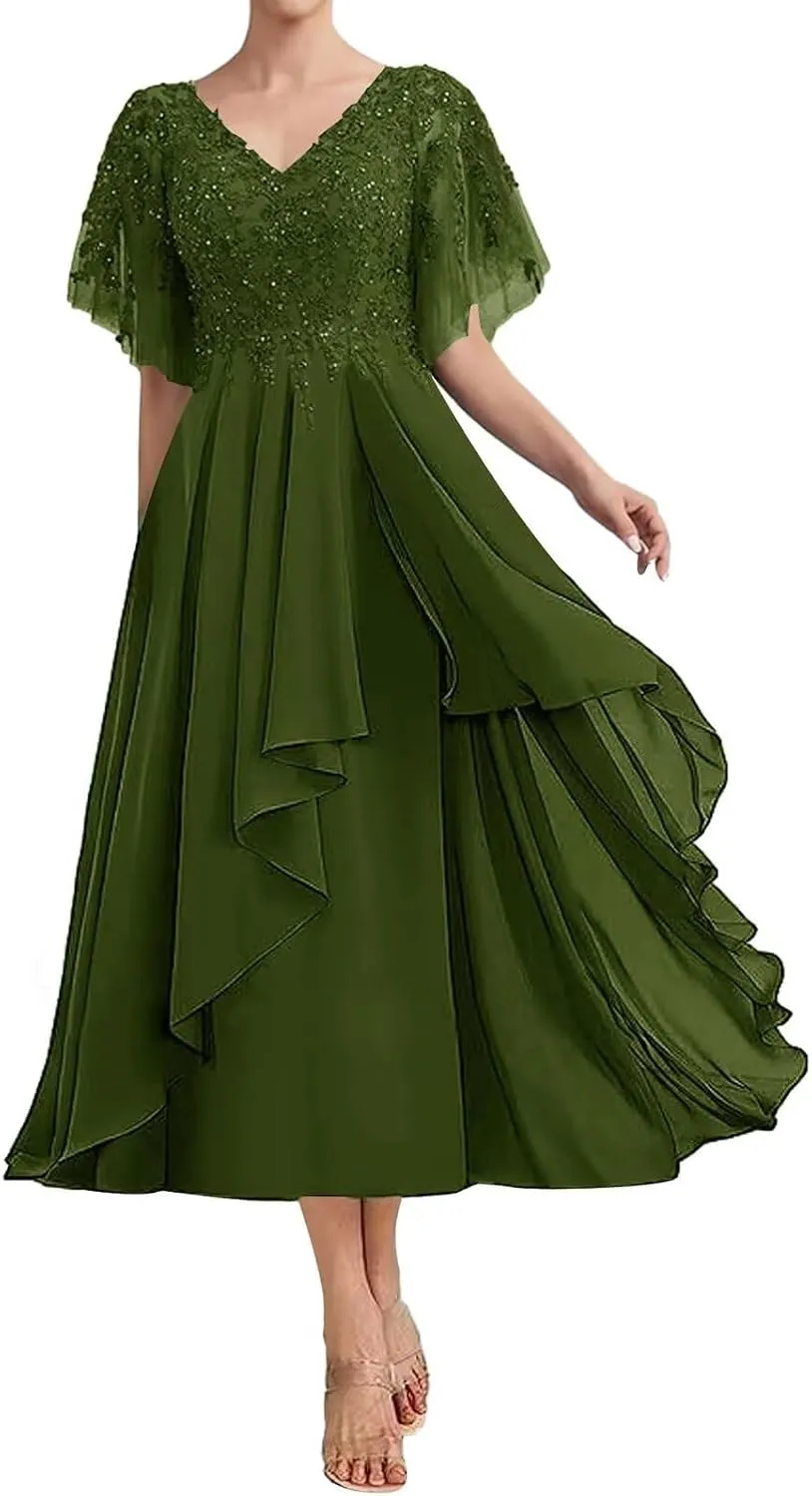 Women's Lace Tea Length Mother of Bride Elegant Dresses Beaded A Line Chiffon Wedding Guest Dress with Appliques