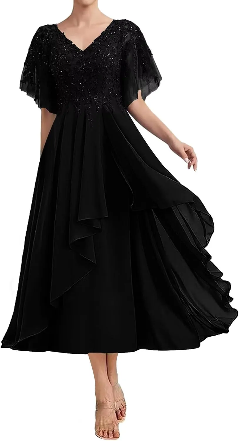 Women's Lace Tea Length Mother of Bride Elegant Dresses Beaded A Line Chiffon Wedding Guest Dress with Appliques