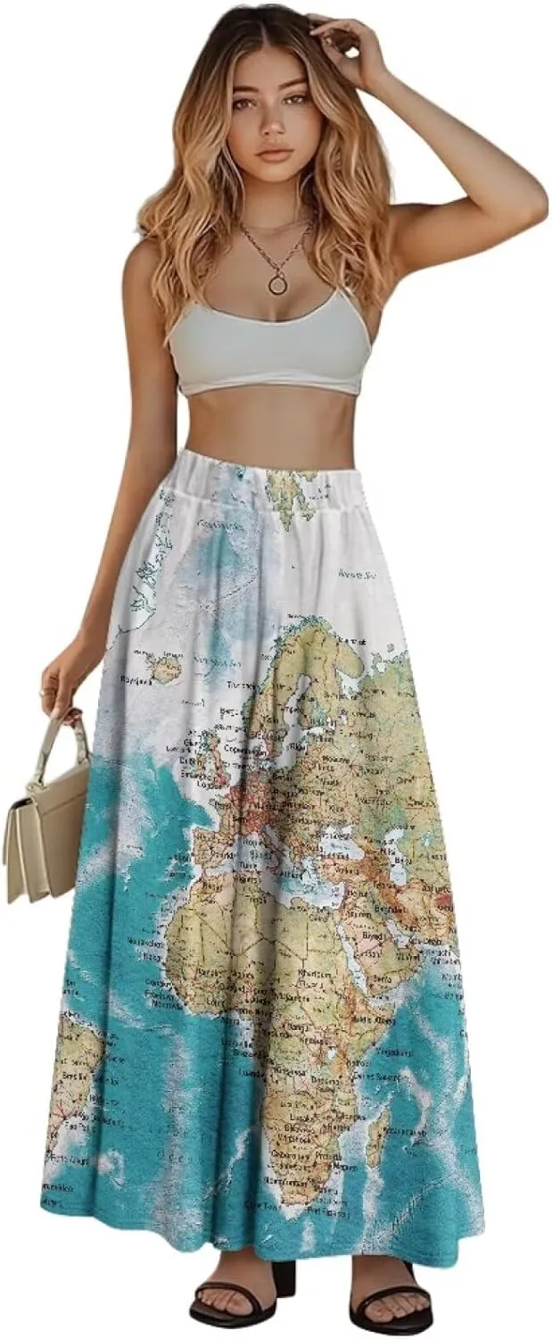 Womens Long Skirts Casual Hig Waisted Elastic Band A Line Ruffle Swing Skirt with Pockets Size S-2XL