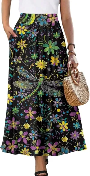 Womens Long Skirts Casual Hig Waisted Elastic Band A Line Ruffle Swing Skirt with Pockets Size S-2XL