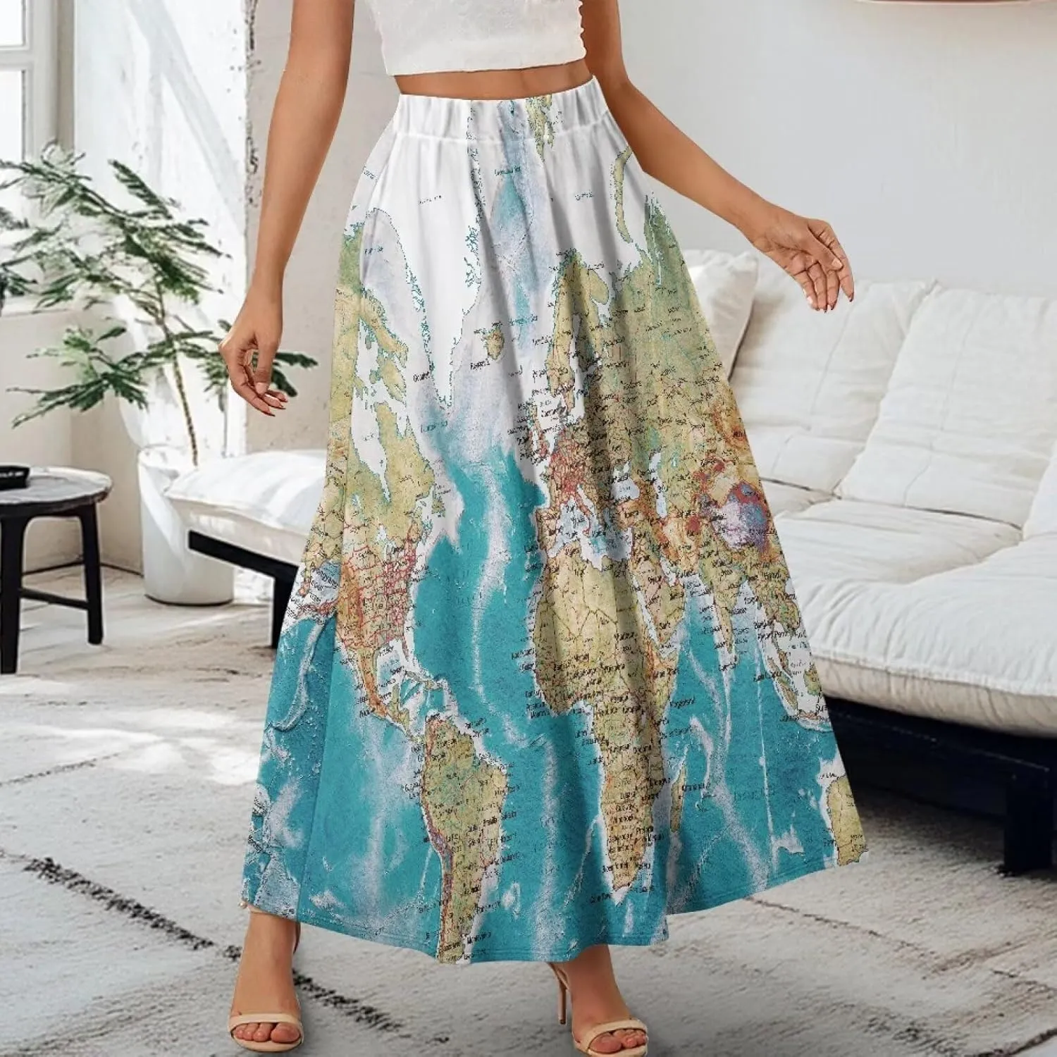 Womens Long Skirts Casual Hig Waisted Elastic Band A Line Ruffle Swing Skirt with Pockets Size S-2XL