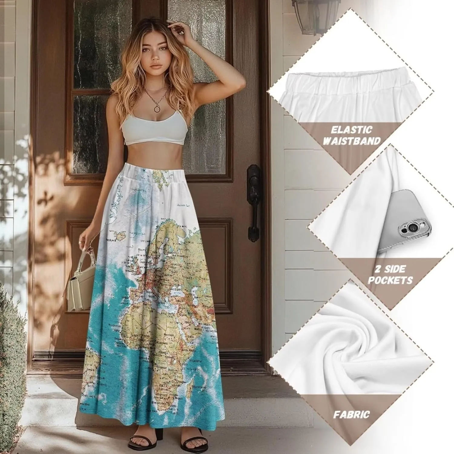 Womens Long Skirts Casual Hig Waisted Elastic Band A Line Ruffle Swing Skirt with Pockets Size S-2XL