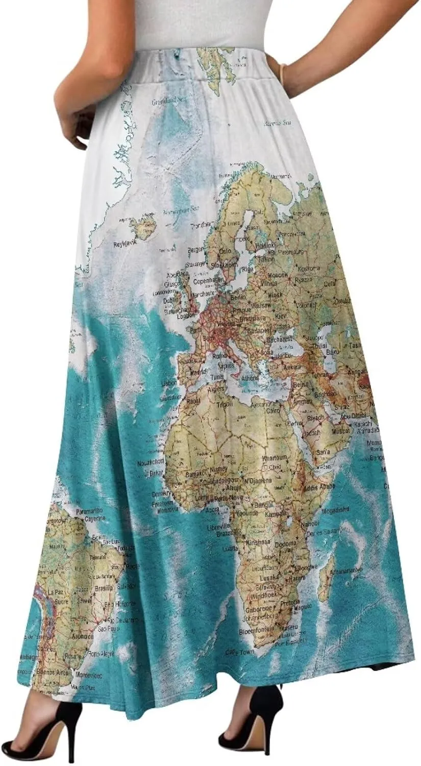 Womens Long Skirts Casual Hig Waisted Elastic Band A Line Ruffle Swing Skirt with Pockets Size S-2XL