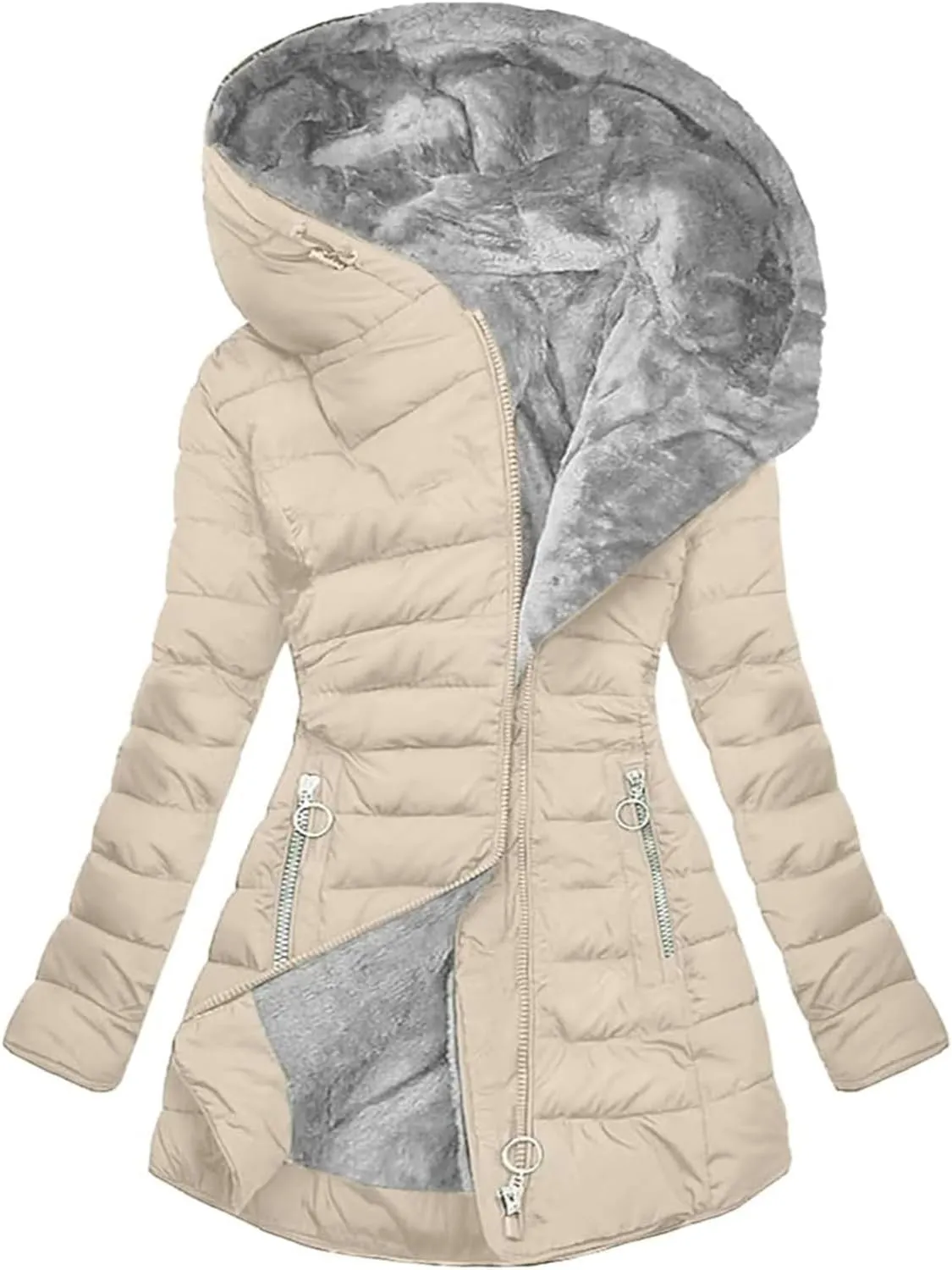 Women's Long Warm Thickened Winter Coat Offer Sherpa Lined Down Jacket Winter Cotton Padded Jacket Waterproof Fleece Coats Outdoor Women's Jacket(Apricot,Medium)