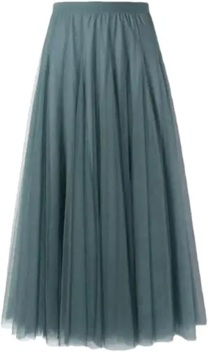 Women's Mesh Elastic High Waist Long Skirt Solid Pleated Midi Skirts