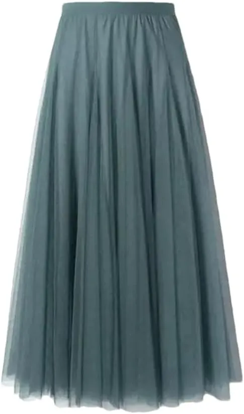 Women's Mesh Elastic High Waist Long Skirt Solid Pleated Midi Skirts