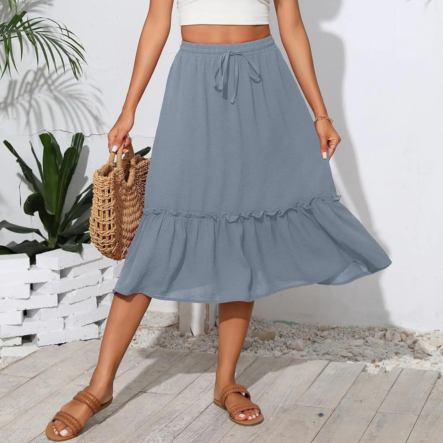 Womens Midi Skirts Casual Tie Front Flowy Ruffle A Line Skirts with Pockets Plaid High Waisted Cover Up Skirts