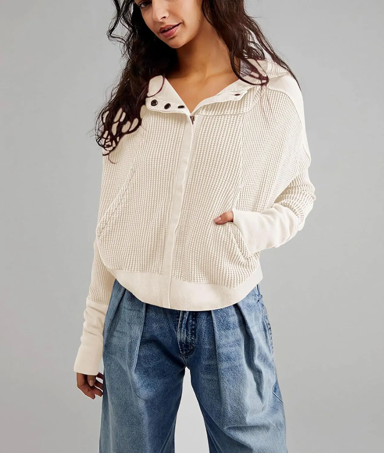 Women's Oversized Zip Up Hoodie Waffle Knit Jacket Button Collar Hooded Sweatshirt Cropped Outerwear With Pockets