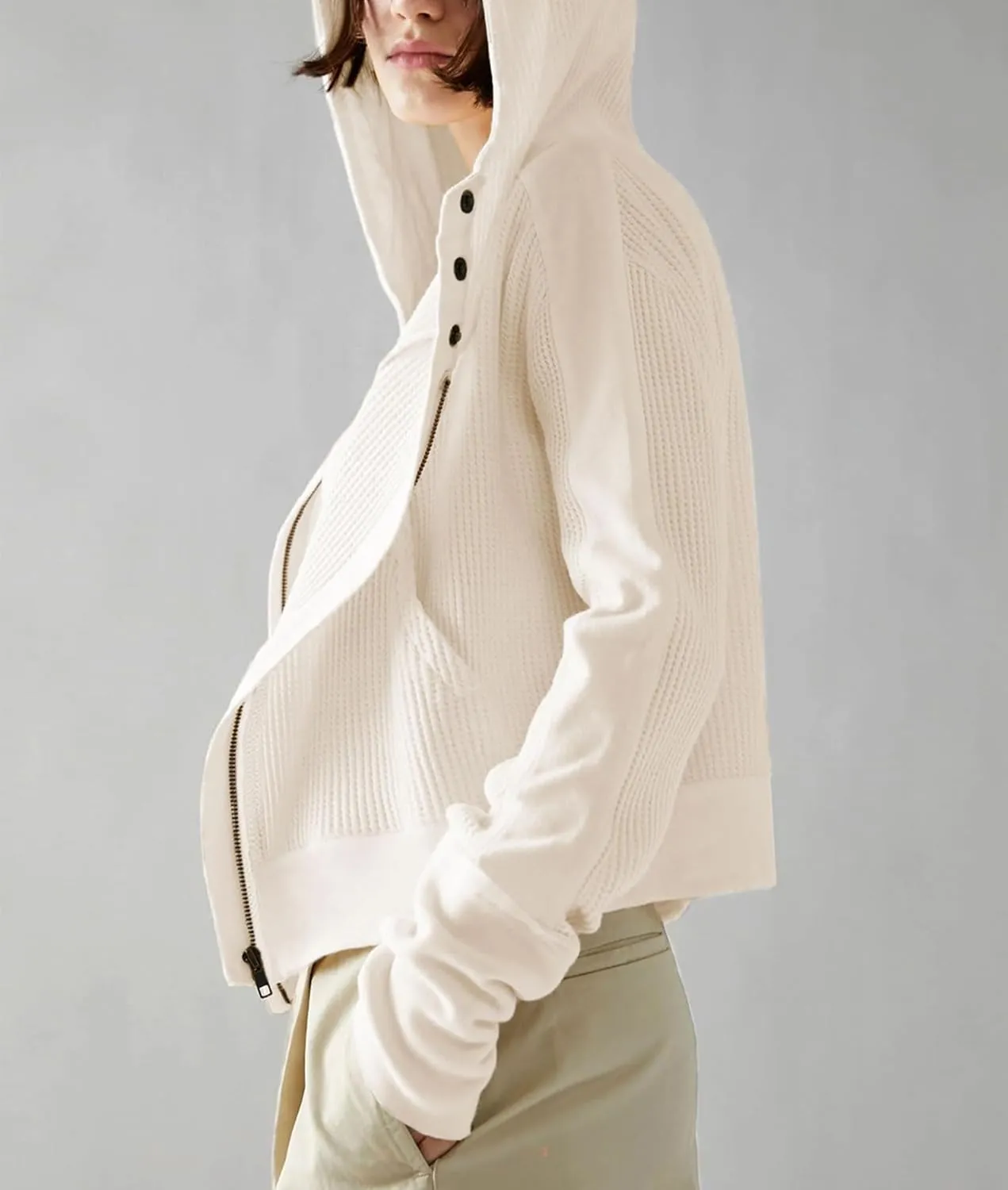 Women's Oversized Zip Up Hoodie Waffle Knit Jacket Button Collar Hooded Sweatshirt Cropped Outerwear With Pockets