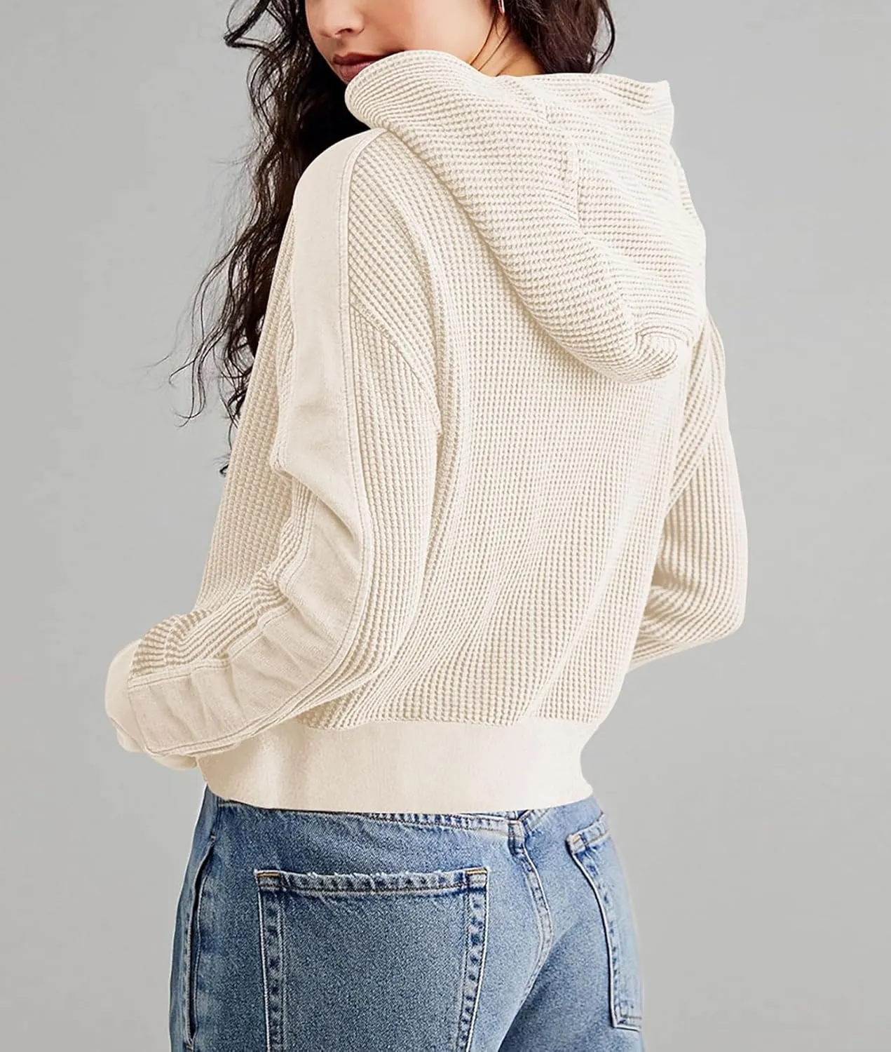 Women's Oversized Zip Up Hoodie Waffle Knit Jacket Button Collar Hooded Sweatshirt Cropped Outerwear With Pockets