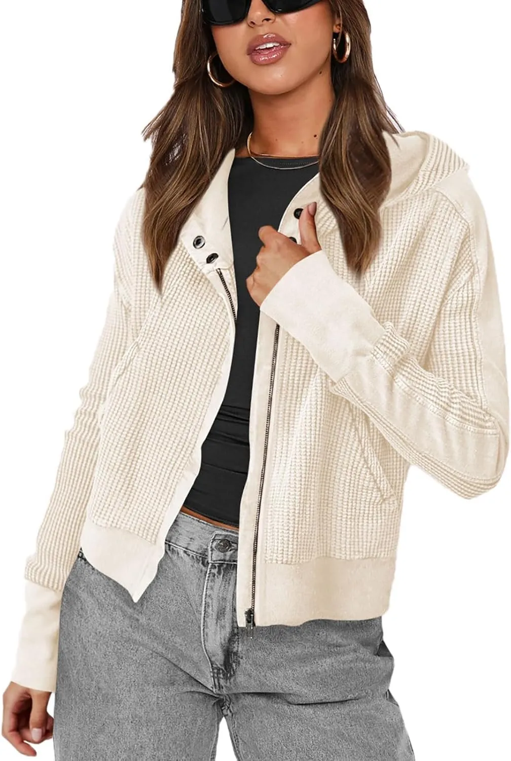 Women's Oversized Zip Up Hoodie Waffle Knit Jacket Button Collar Hooded Sweatshirt Cropped Outerwear With Pockets