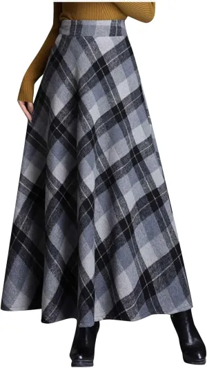 Womens Plaid Wool Skirts Elastic Waist A-Line Pleated Tartan Long Skirts Winter Warm Flare Retro Woolen Maxi Skirts