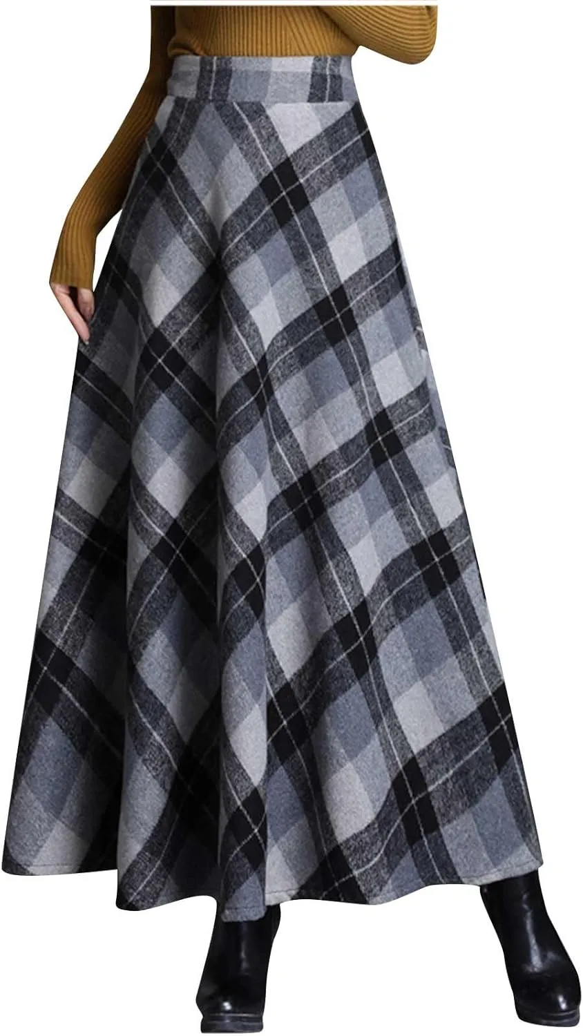 Womens Plaid Wool Skirts Elastic Waist A-Line Pleated Tartan Long Skirts Winter Warm Flare Retro Woolen Maxi Skirts