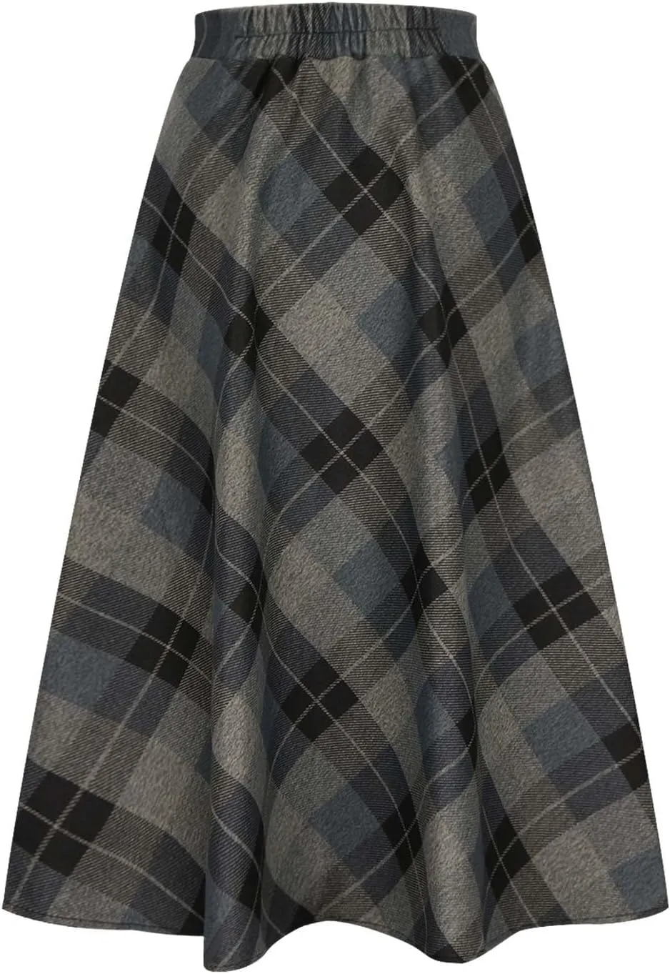 Womens Plaid Wool Skirts Elastic Waist A-Line Pleated Tartan Long Skirts Winter Warm Flare Retro Woolen Maxi Skirts