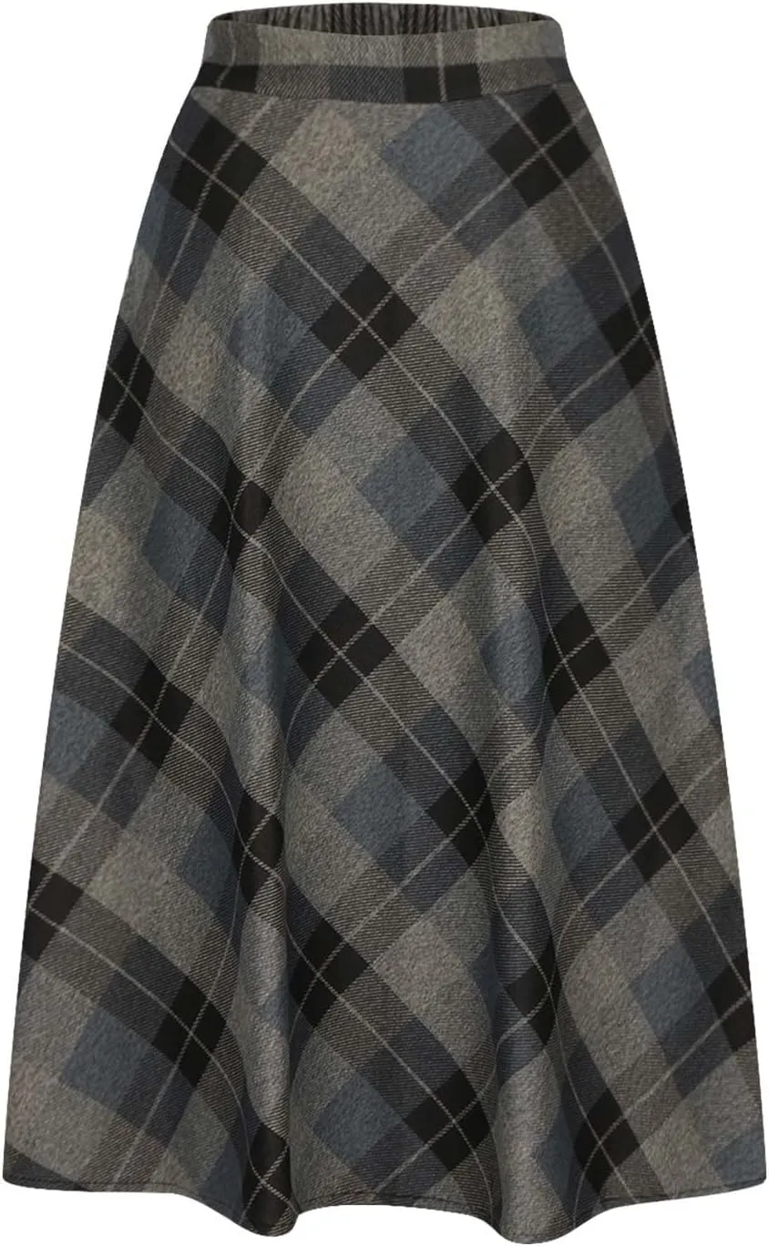 Womens Plaid Wool Skirts Elastic Waist A-Line Pleated Tartan Long Skirts Winter Warm Flare Retro Woolen Maxi Skirts