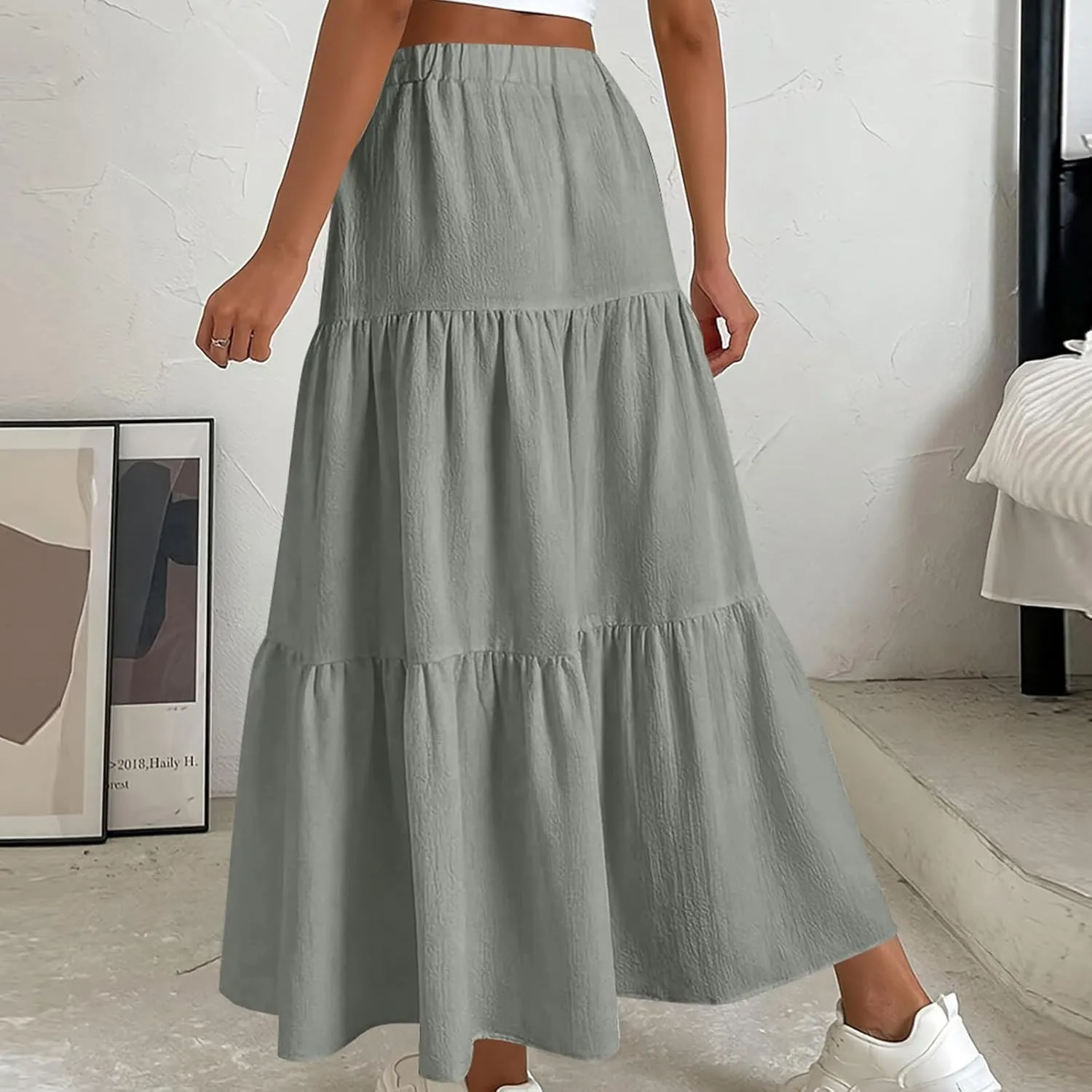 Womens Ruffle Maxi Skirts High Waist Elastic Layered Pleated Long Skirt Summer Casual Flowy Skirts with Drawstring