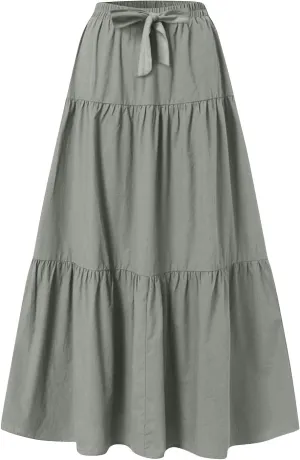 Womens Ruffle Maxi Skirts High Waist Elastic Layered Pleated Long Skirt Summer Casual Flowy Skirts with Drawstring