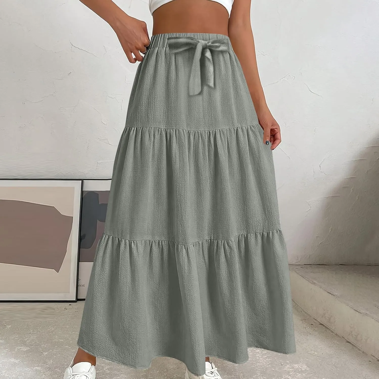 Womens Ruffle Maxi Skirts High Waist Elastic Layered Pleated Long Skirt Summer Casual Flowy Skirts with Drawstring