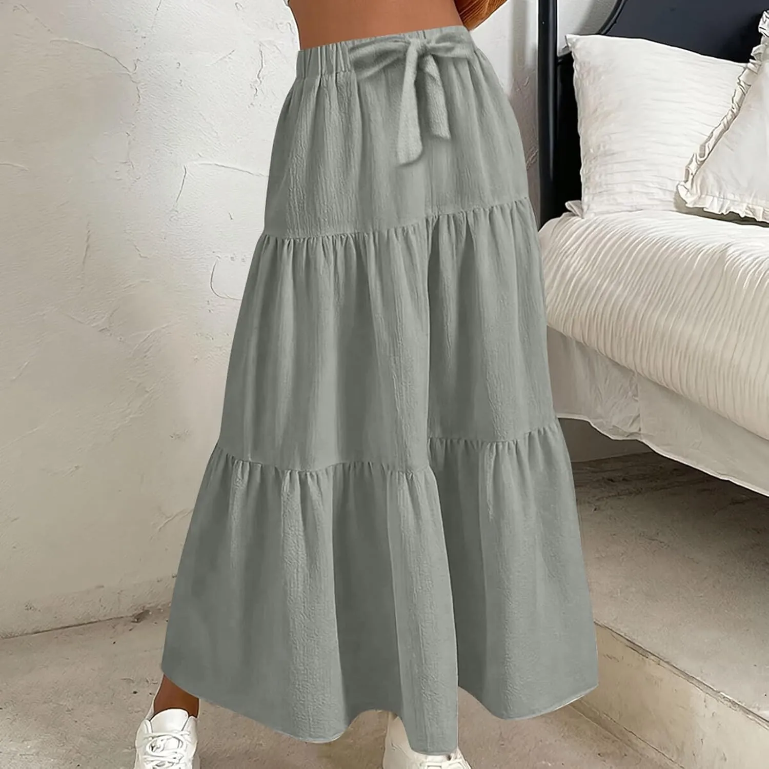 Womens Ruffle Maxi Skirts High Waist Elastic Layered Pleated Long Skirt Summer Casual Flowy Skirts with Drawstring