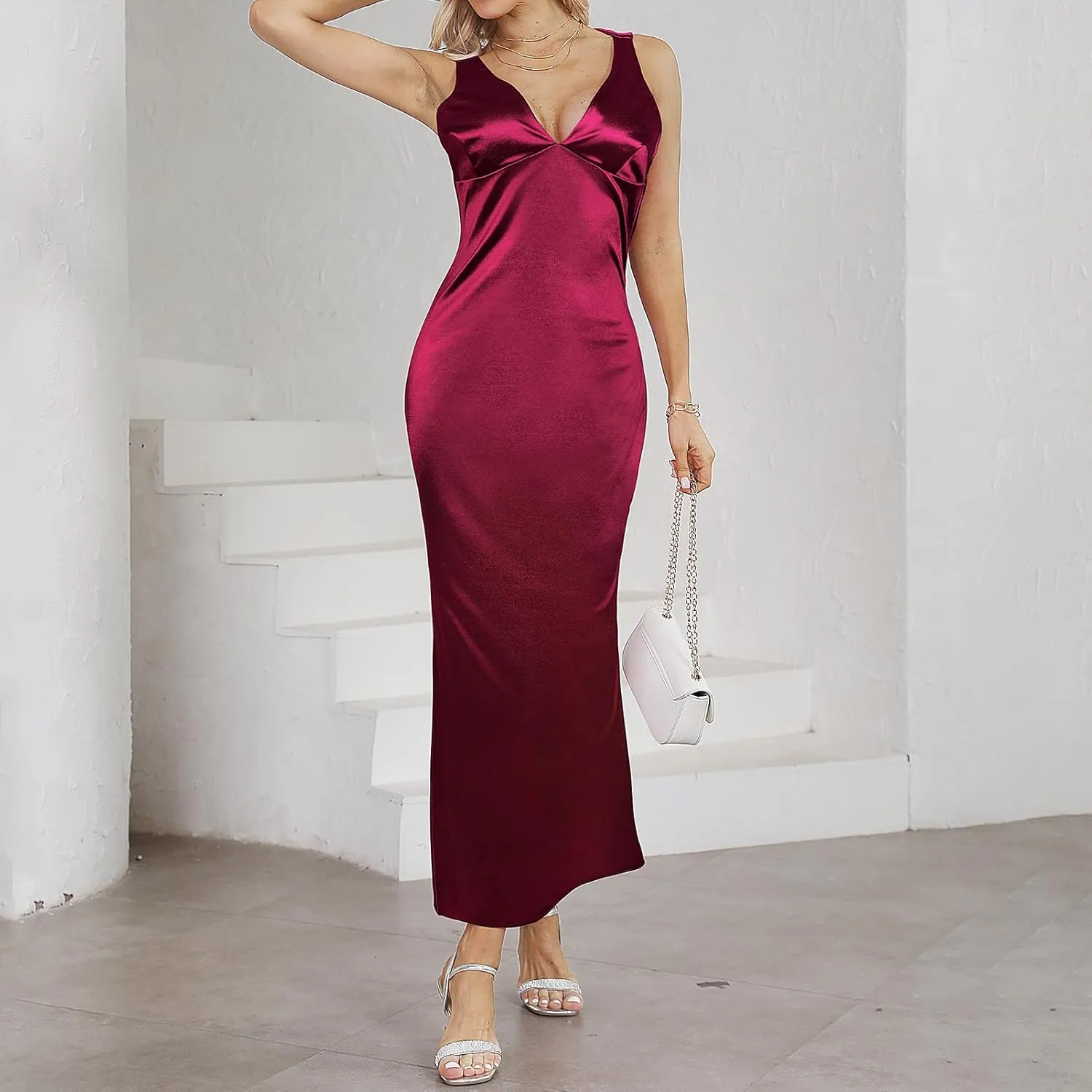 Women's Satin Elegant Maxi Dress V-Neck Sleeveless Backless Bodycon Long Dress Mermaid Formal Cocktail Wedding Guest Dresses