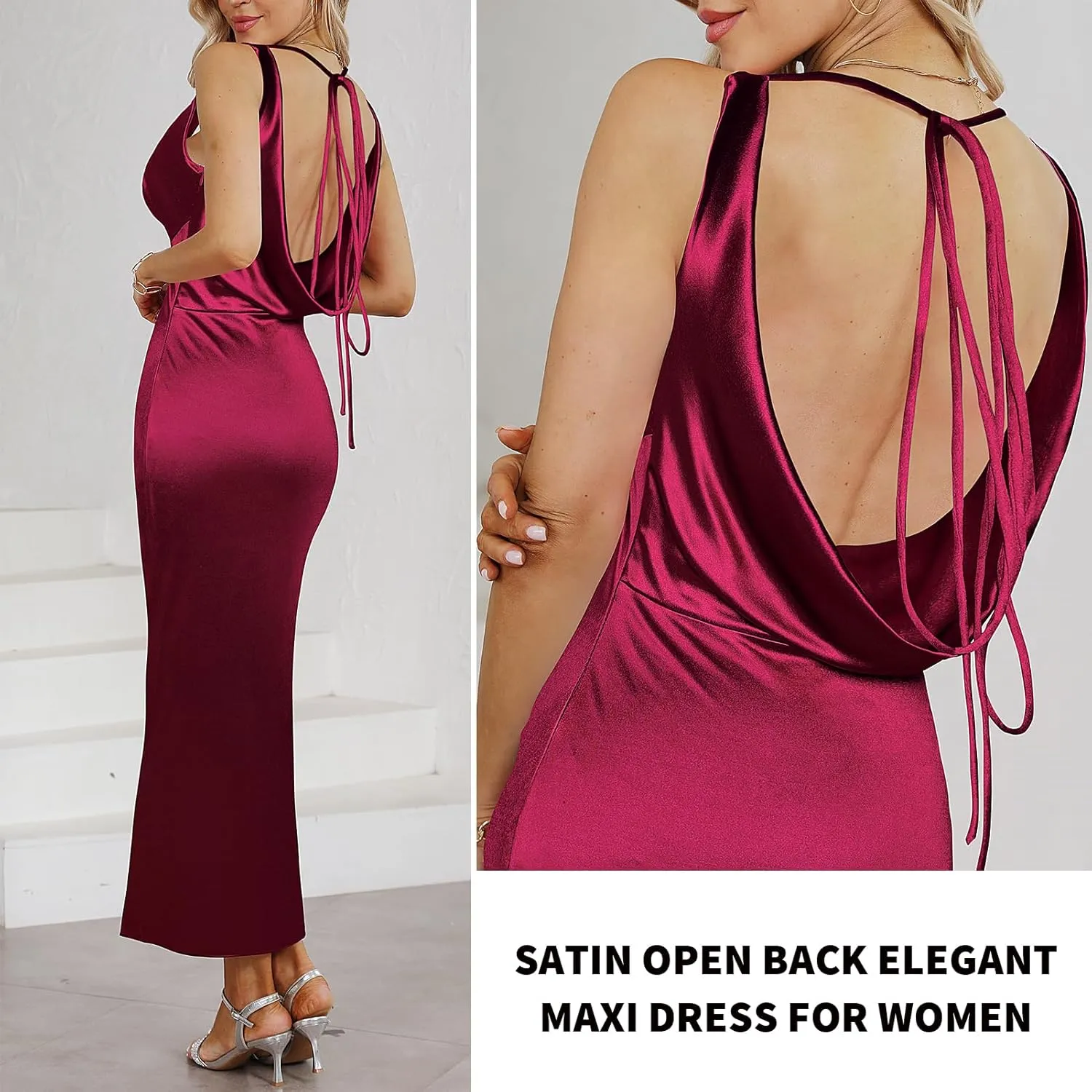 Women's Satin Elegant Maxi Dress V-Neck Sleeveless Backless Bodycon Long Dress Mermaid Formal Cocktail Wedding Guest Dresses