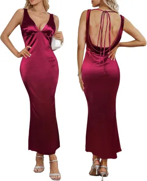 Women's Satin Elegant Maxi Dress V-Neck Sleeveless Backless Bodycon Long Dress Mermaid Formal Cocktail Wedding Guest Dresses