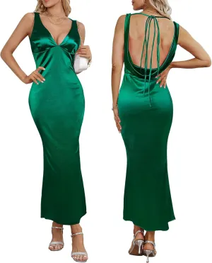 Women's Satin Elegant Maxi Dress V-Neck Sleeveless Backless Bodycon Long Dress Mermaid Formal Cocktail Wedding Guest Dresses