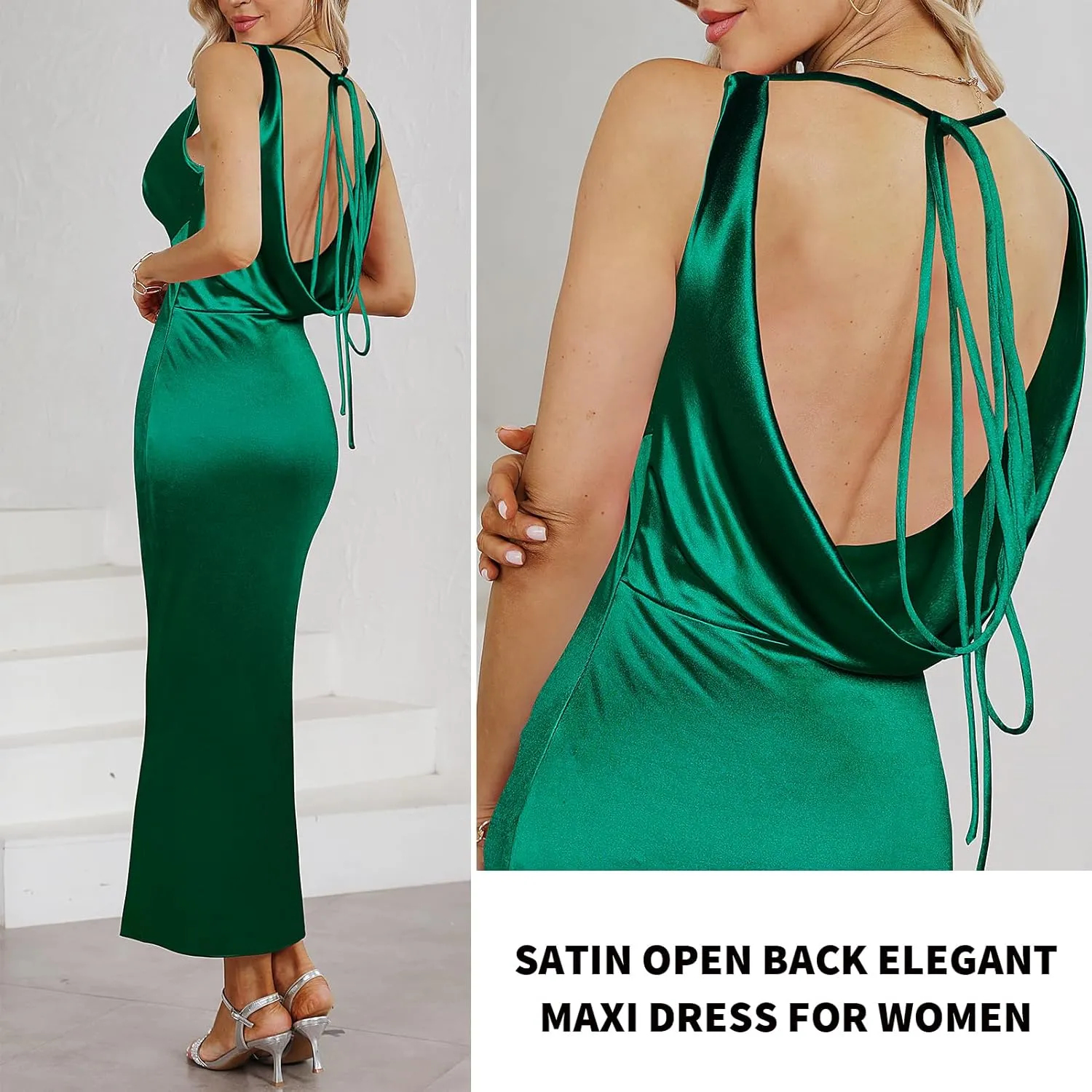 Women's Satin Elegant Maxi Dress V-Neck Sleeveless Backless Bodycon Long Dress Mermaid Formal Cocktail Wedding Guest Dresses