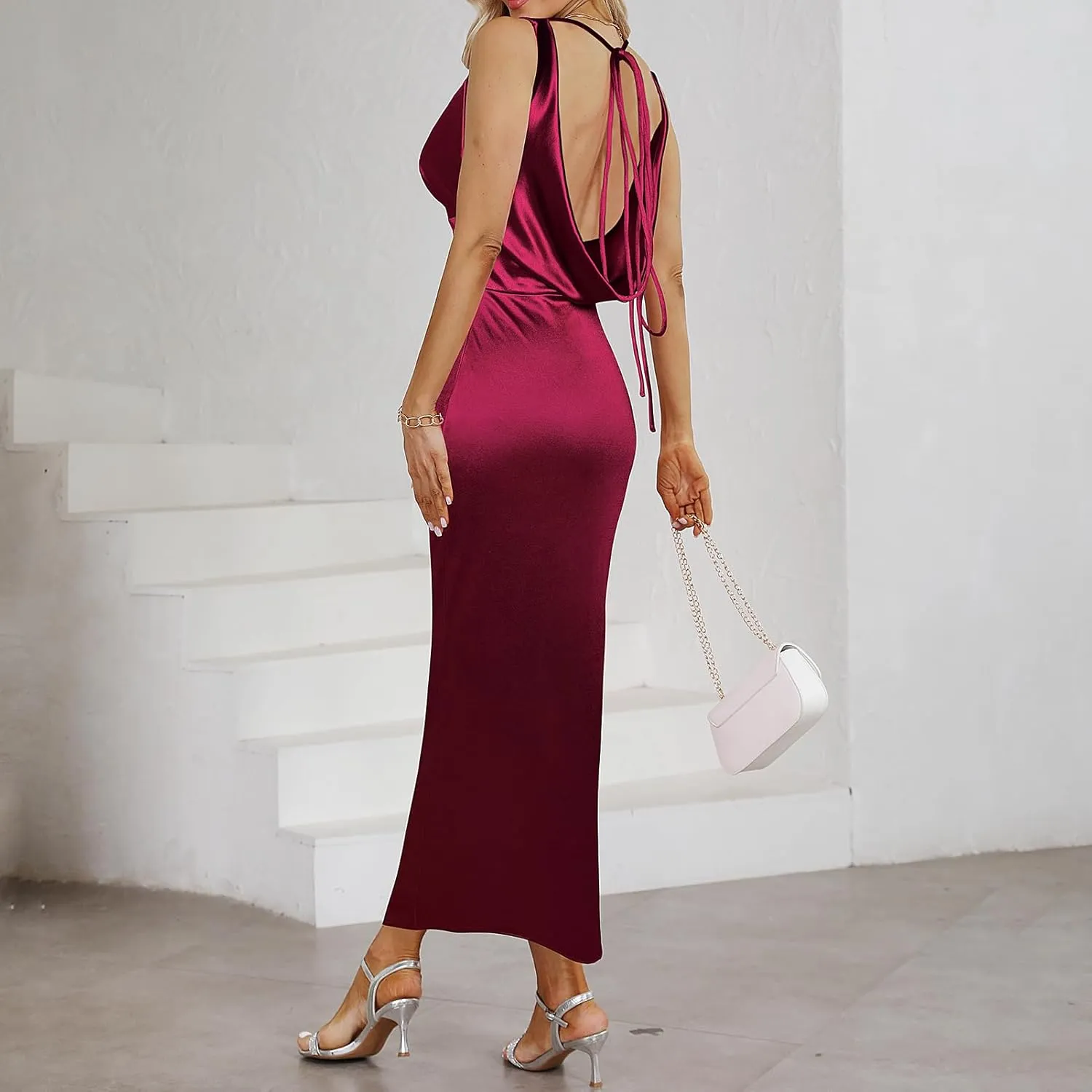 Women's Satin Elegant Maxi Dress V-Neck Sleeveless Backless Bodycon Long Dress Mermaid Formal Cocktail Wedding Guest Dresses