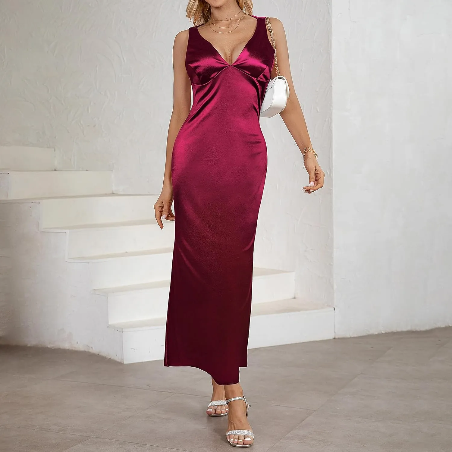 Women's Satin Elegant Maxi Dress V-Neck Sleeveless Backless Bodycon Long Dress Mermaid Formal Cocktail Wedding Guest Dresses