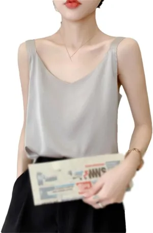 Women's Silk Camisole Summer 2025 Thin Loose V-Neck Satin Bottoming Vest Office Elegant Casual Tops