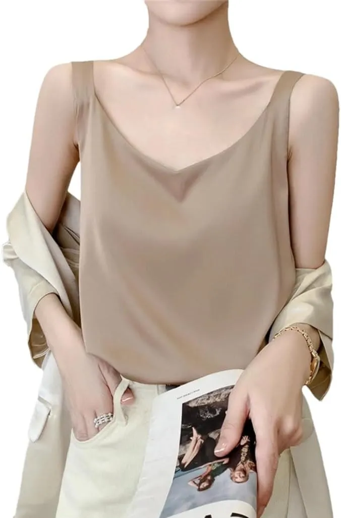 Women's Silk Camisole Summer 2025 Thin Loose V-Neck Satin Bottoming Vest Office Elegant Casual Tops