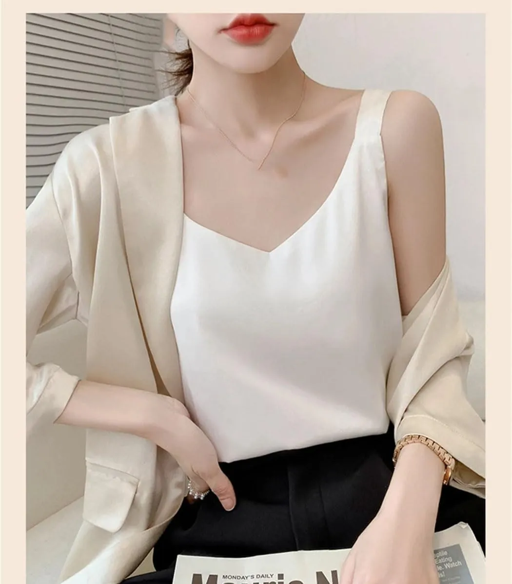 Women's Silk Camisole Summer 2025 Thin Loose V-Neck Satin Bottoming Vest Office Elegant Casual Tops